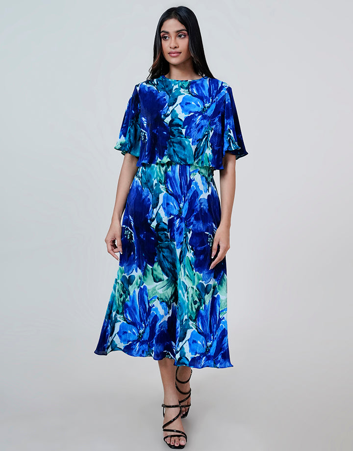 Floral Midi Dress with Cape Style