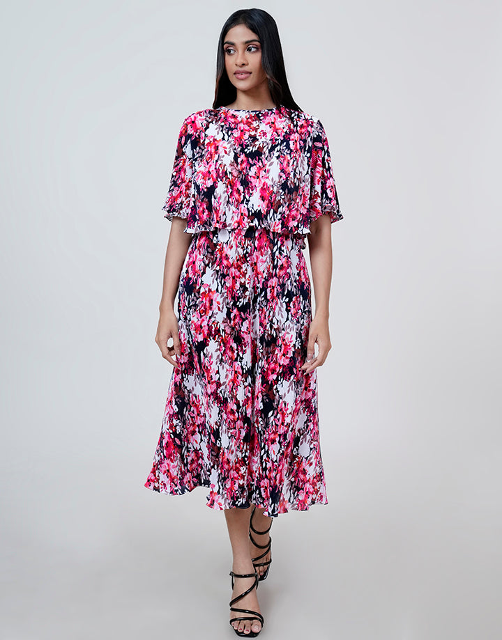 Floral Midi Dress with Cape Style