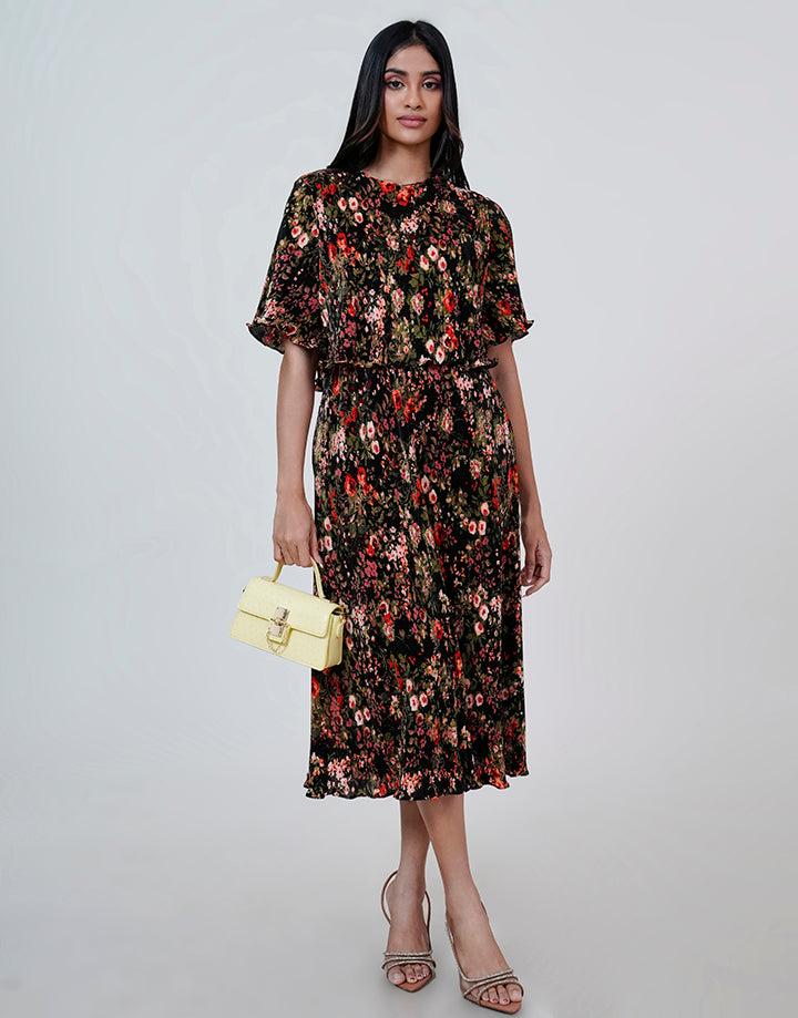 Floral Midi Dress with Cape Style