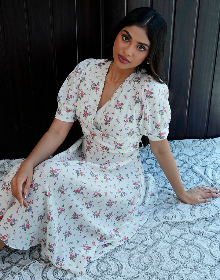 Printed Crossover Puff Sleeve Dress