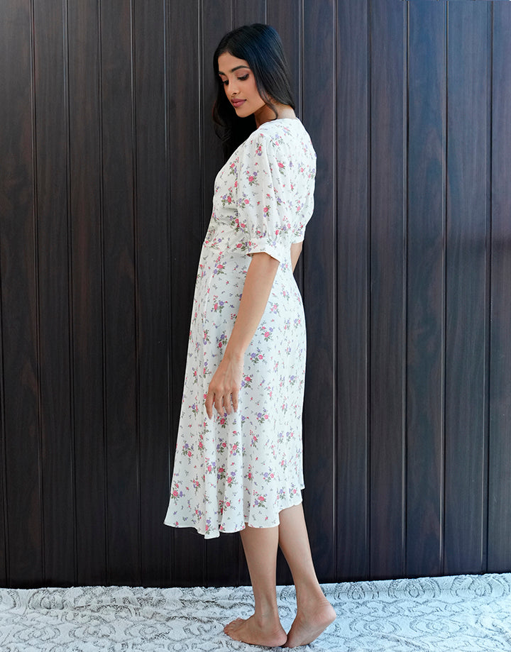 Printed Crossover Puff Sleeve Dress
