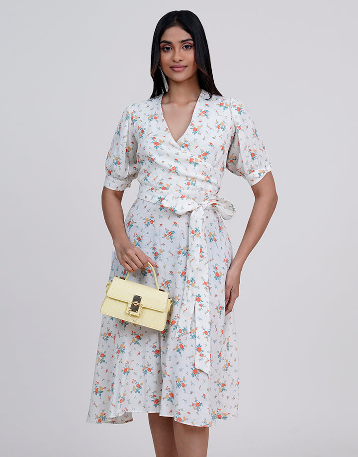 Printed Crossover Puff Sleeve Dress