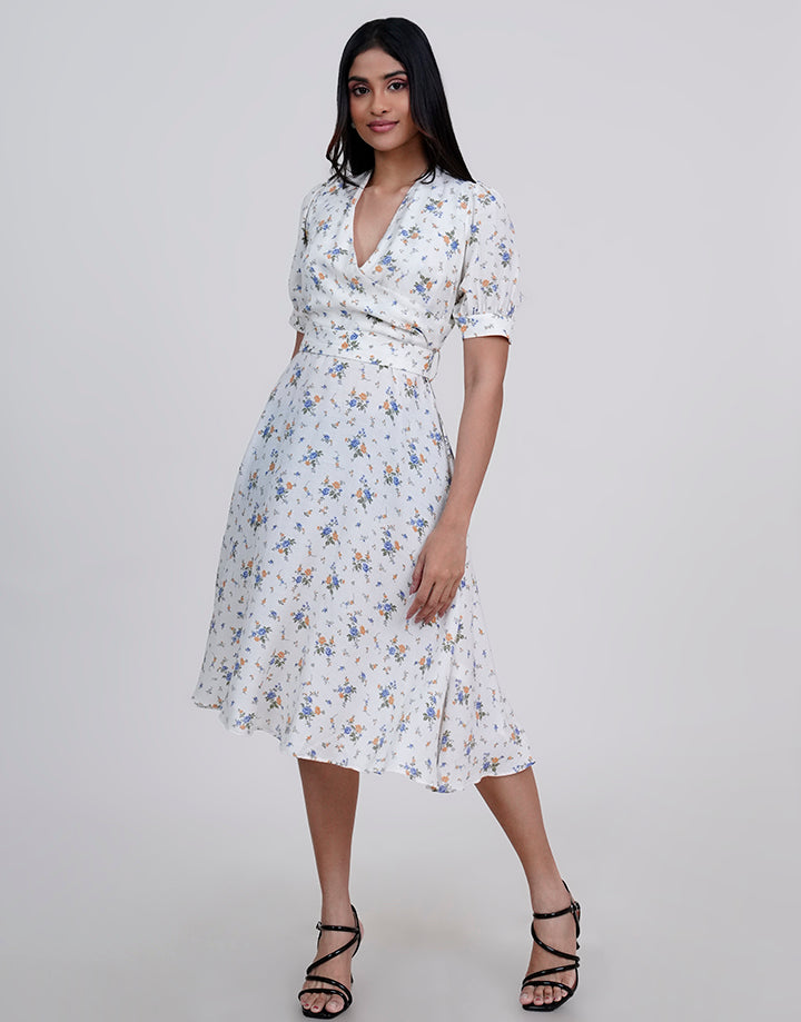 Printed Crossover Puff Sleeve Dress
