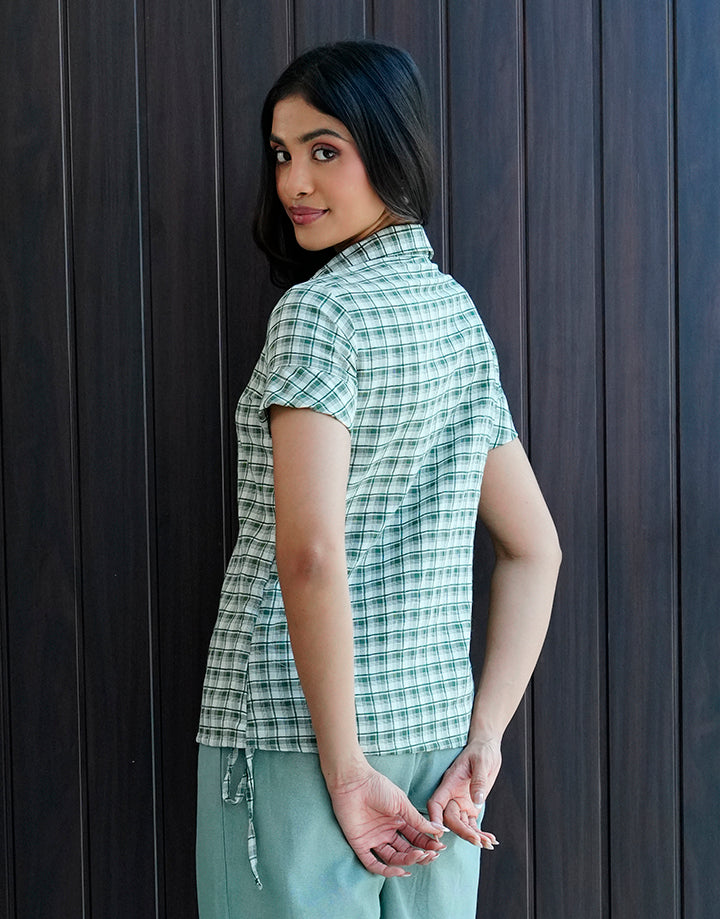 Short Sleeve Button Up Side Tie Up Blouse