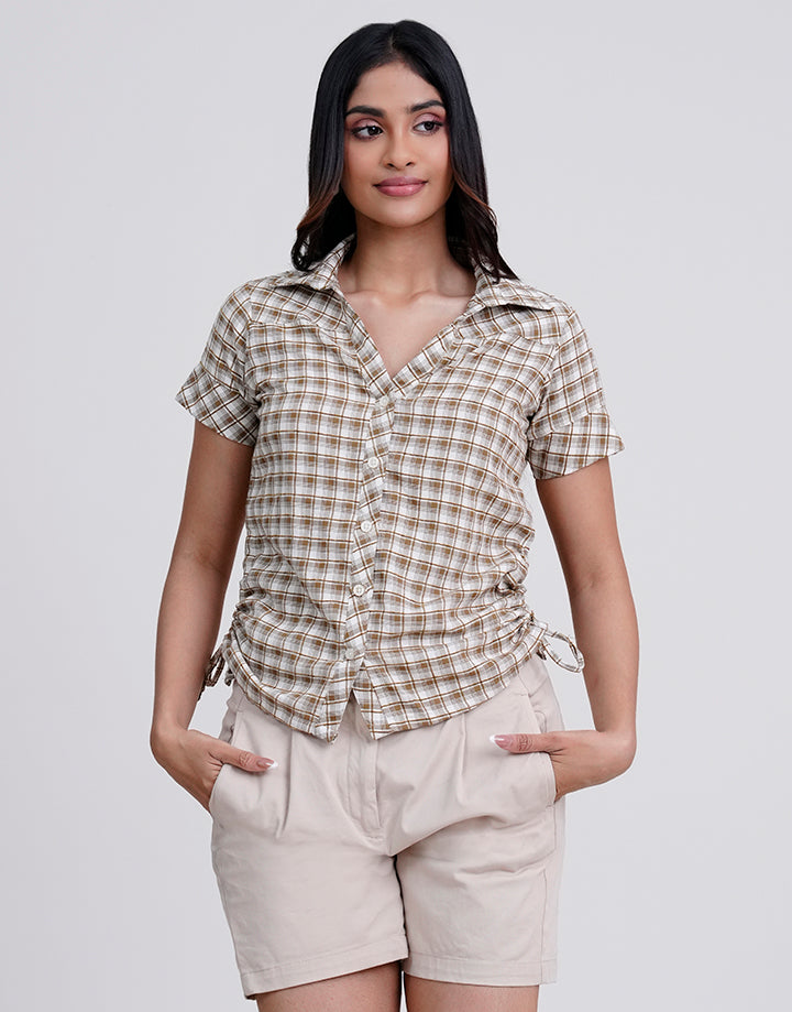 Short Sleeve Button Up Side Tie Up Blouse