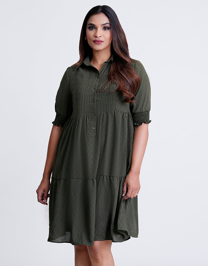 Standard Collar Pintuck Tiered Dress