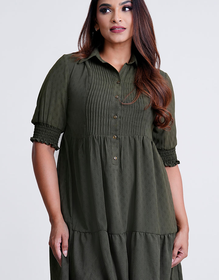 Standard Collar Pintuck Tiered Dress