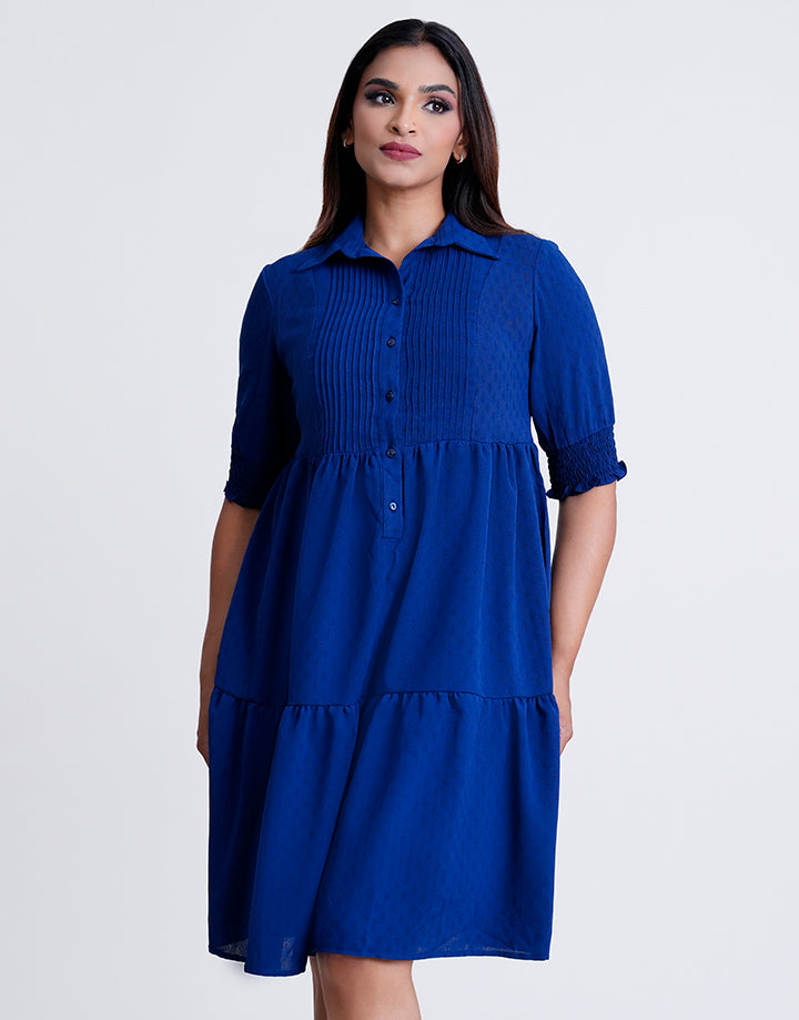 Standard Collar Pintuck Tiered Dress