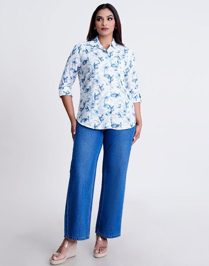 3/4 Tab Sleeve Collared Shirt Blouse
