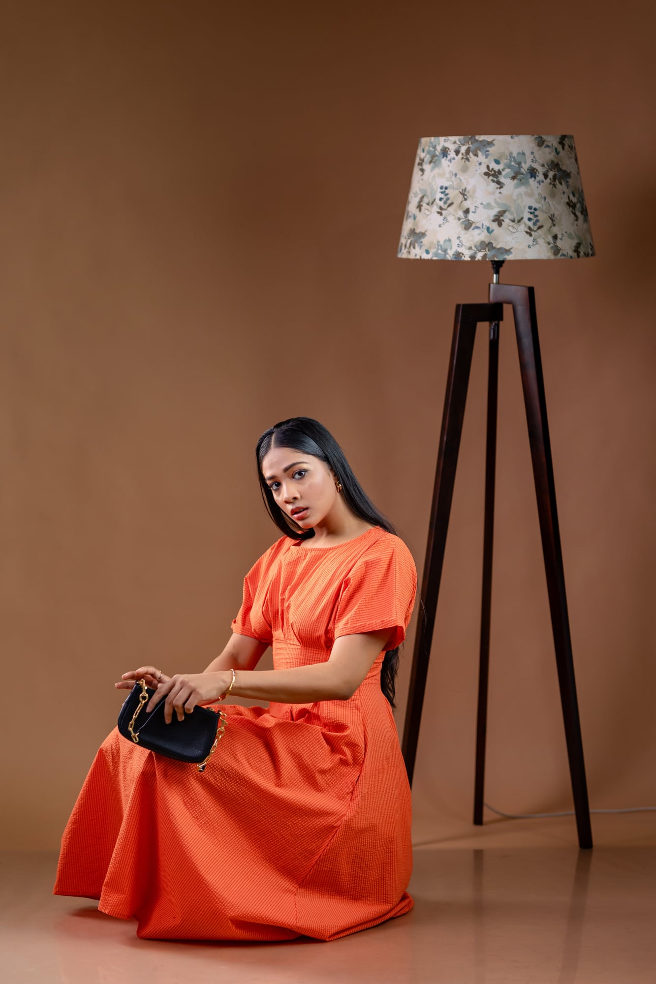 Sunset Orange Pleated Waist Midi Dress