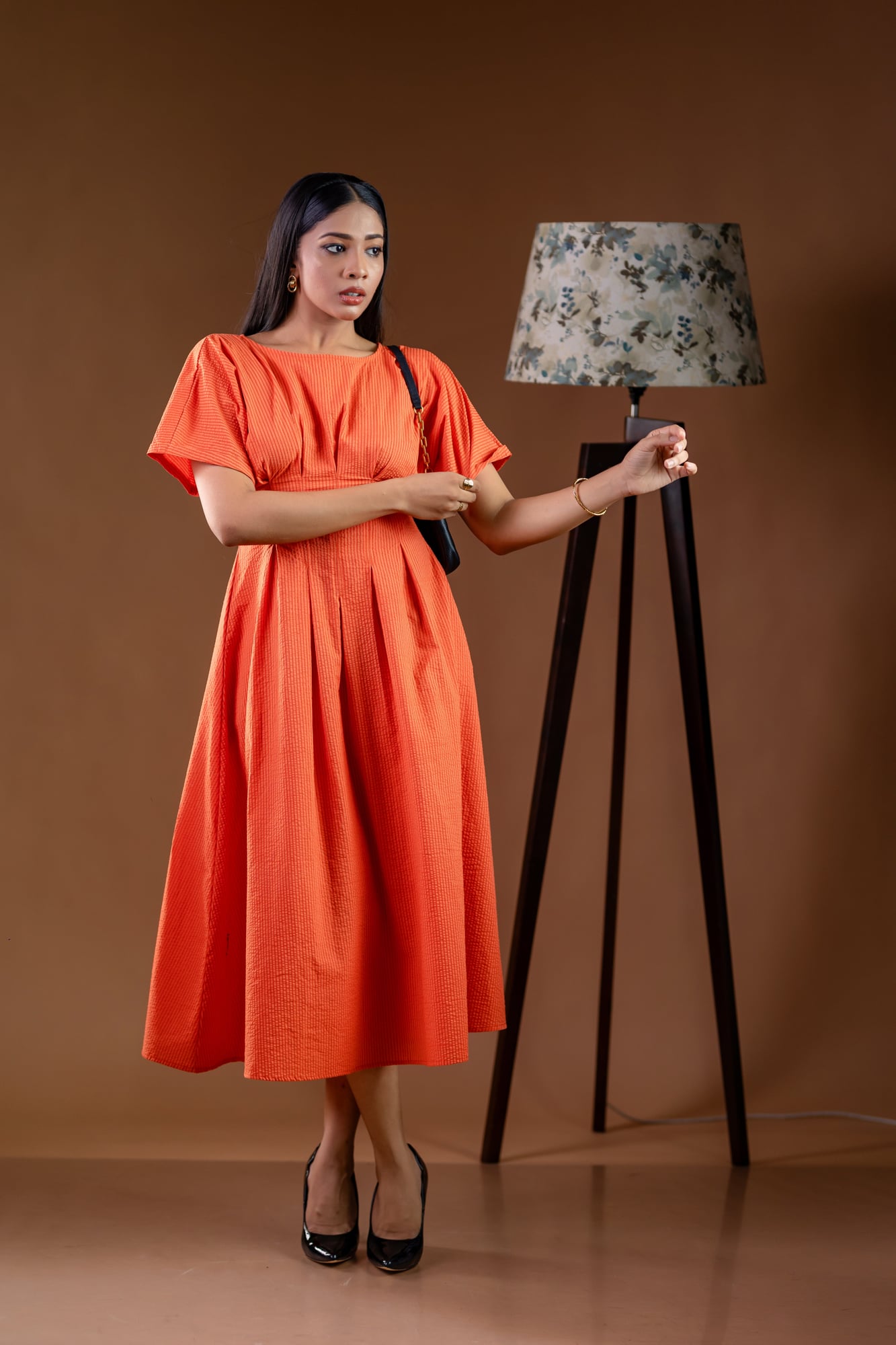 Sunset Orange Pleated Waist Midi Dress