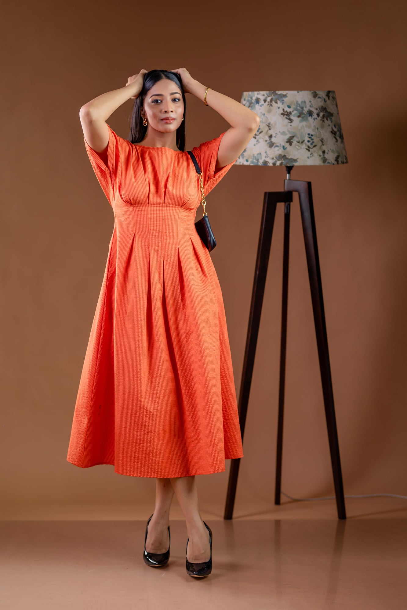 Sunset Orange Pleated Waist Midi Dress