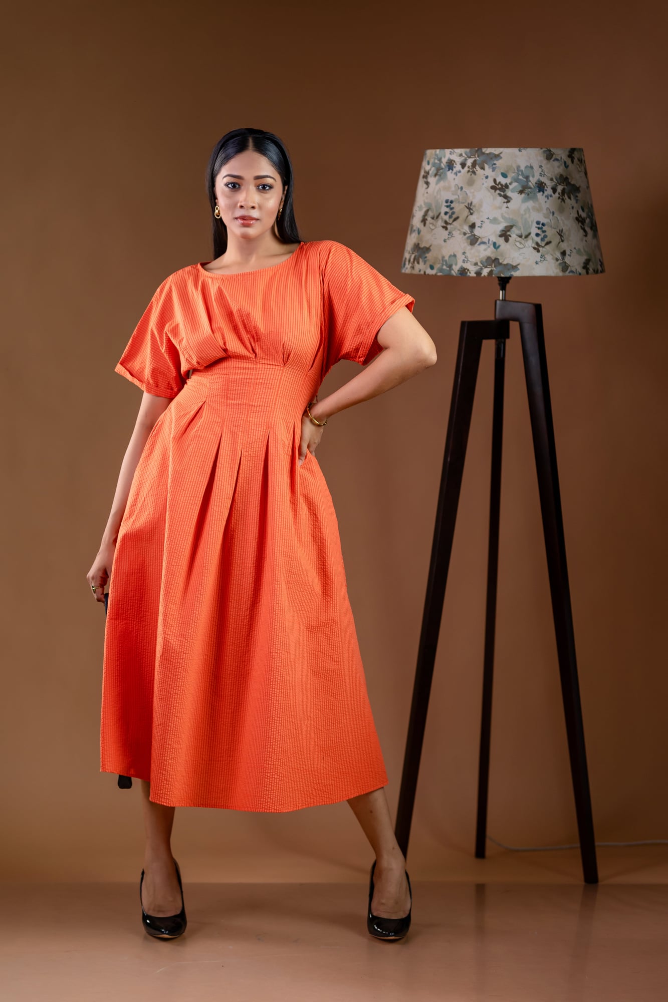 Sunset Orange Pleated Waist Midi Dress
