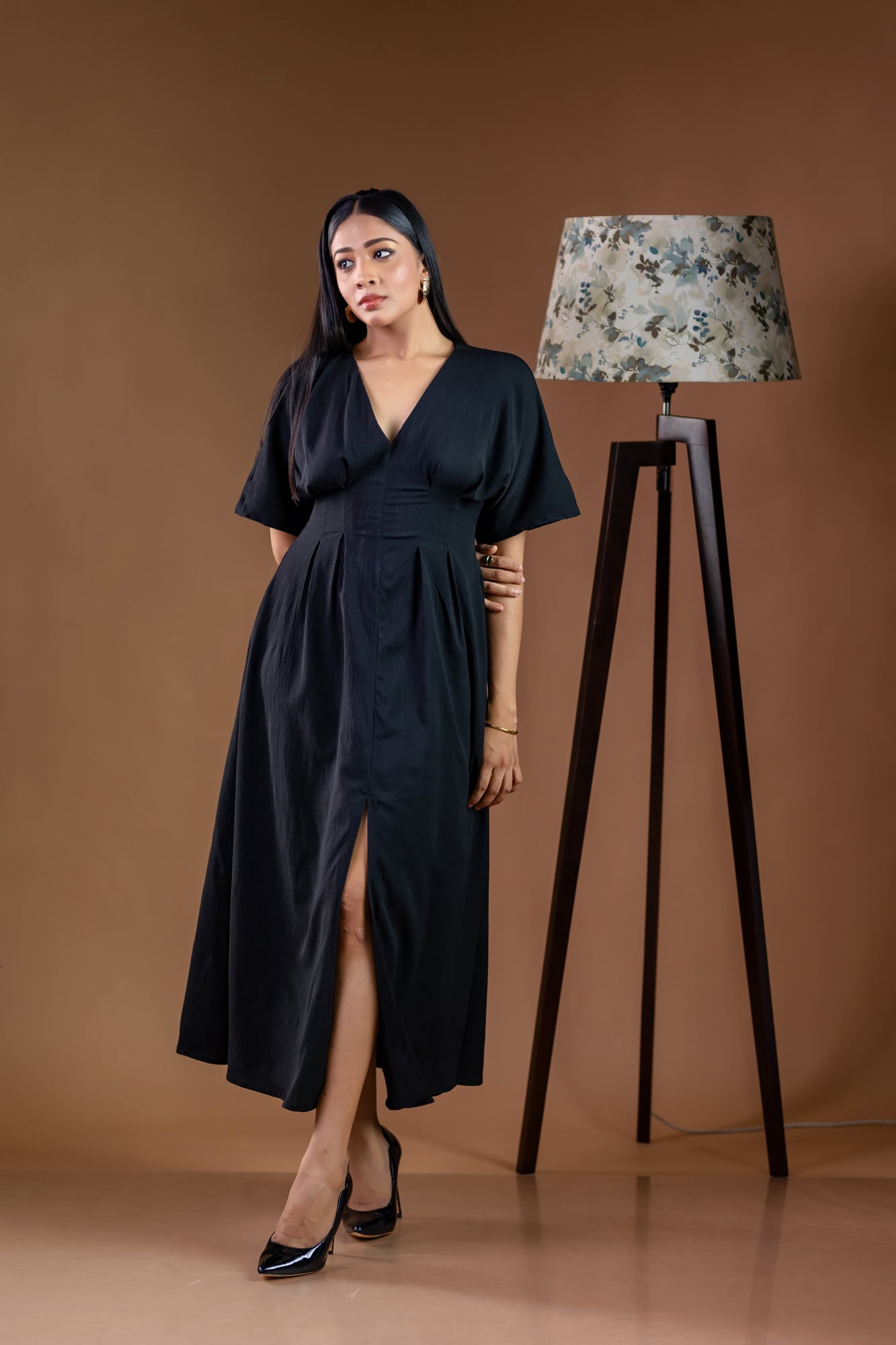 Classic Black V-Neck Front-Slit Midi Dress