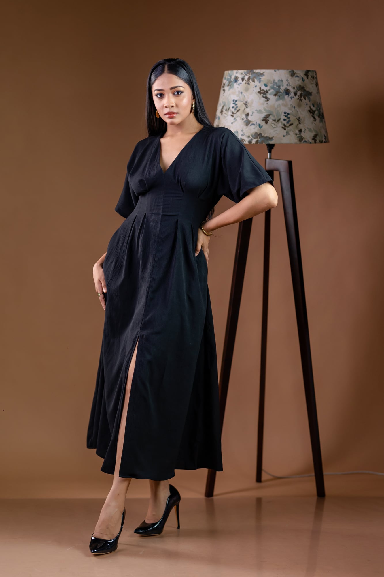 Classic Black V-Neck Front-Slit Midi Dress