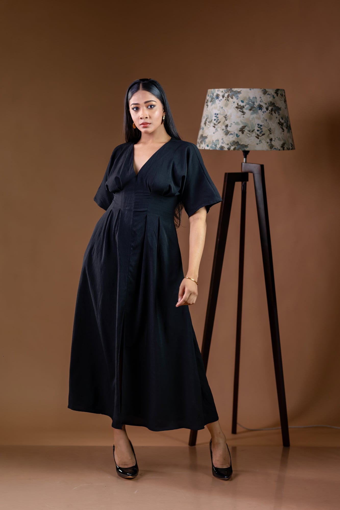 Classic Black V-Neck Front-Slit Midi Dress