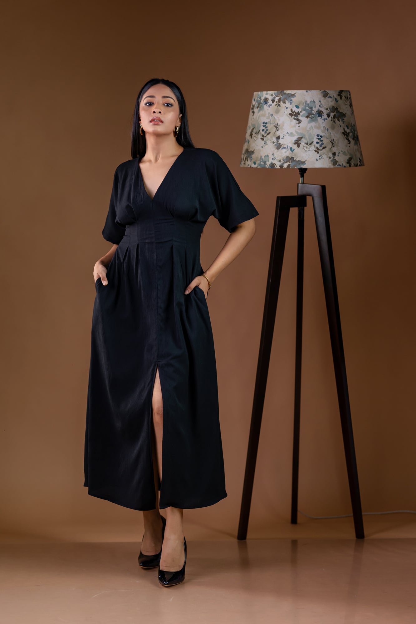 Classic Black V-Neck Front-Slit Midi Dress