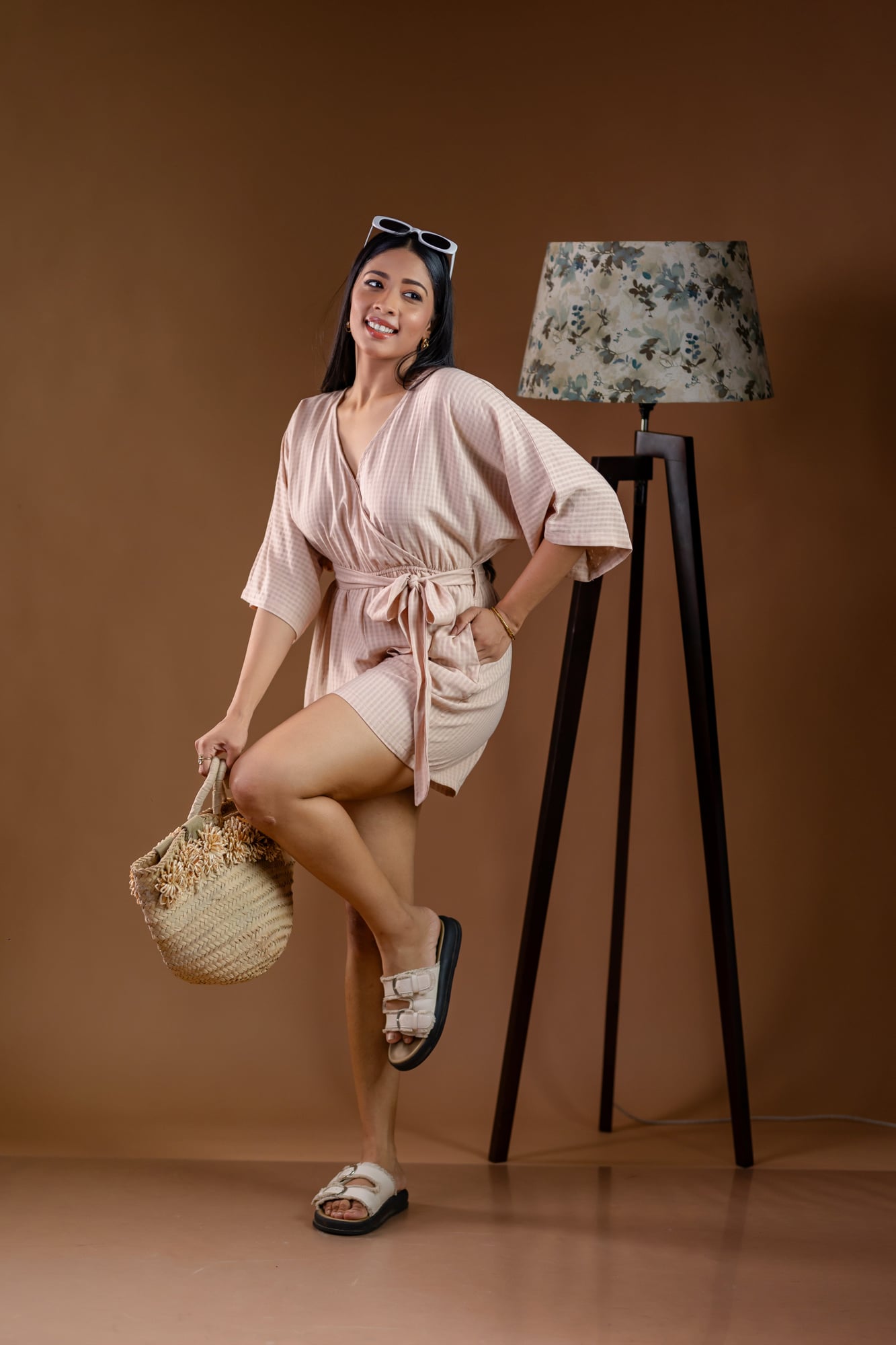 Kimono-Sleeve Textured Romper with Tie Belt