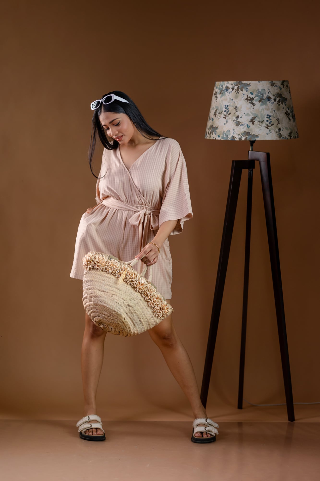 Kimono-Sleeve Textured Romper with Tie Belt