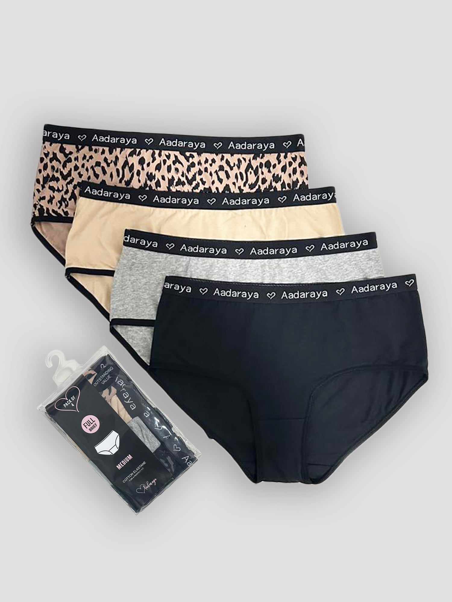 Dina AD Logo Full Brief 4 Pack in Black, Grey Marl, Nude & Leopard Multi – all four briefs with Aadaraya logo waistband