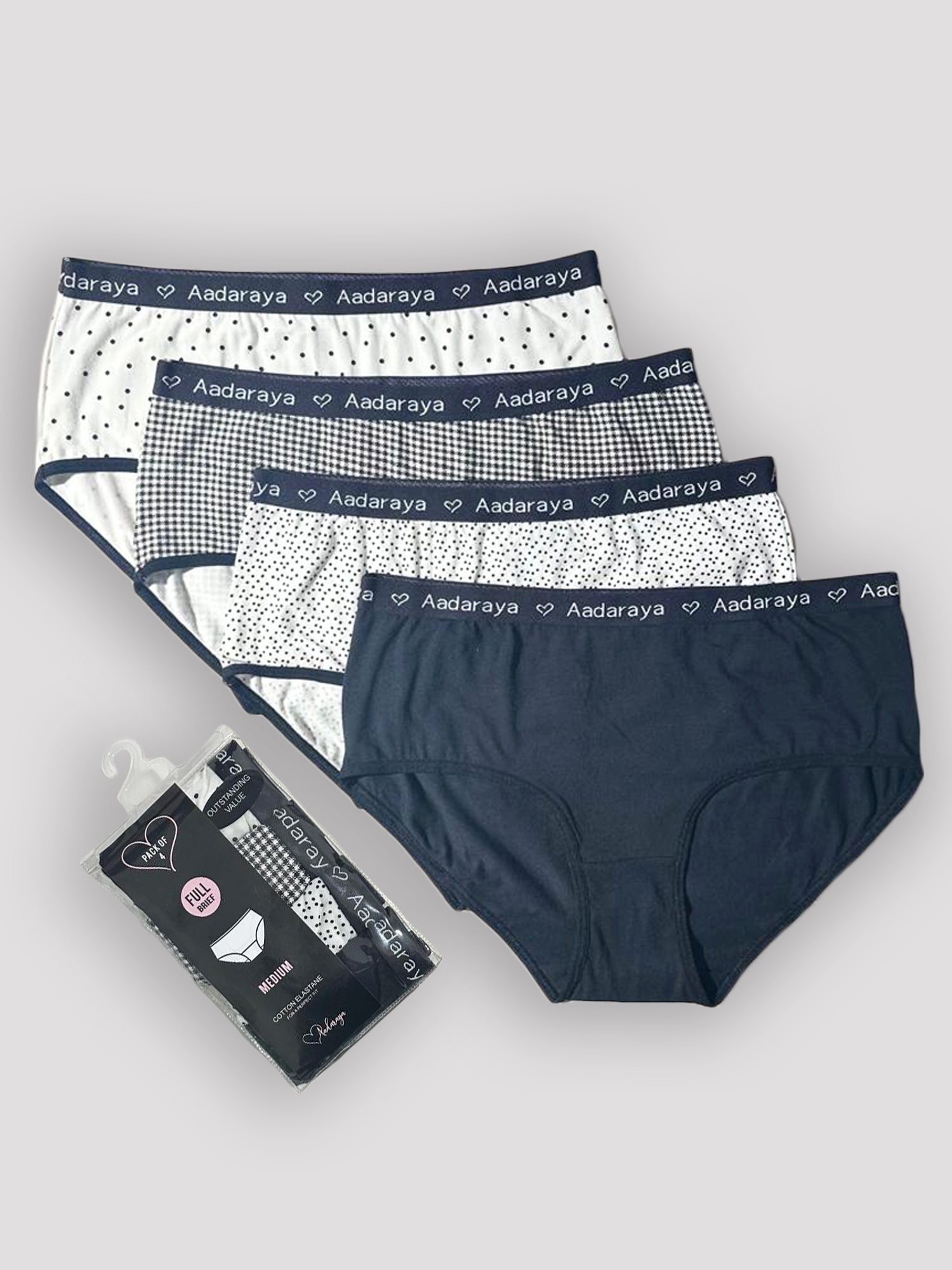 Dina AD Logo Full Brief 4 Pack in Black, Scattered Dot, Mini Check & White Polka – all four briefs with Aadaraya logo waistband