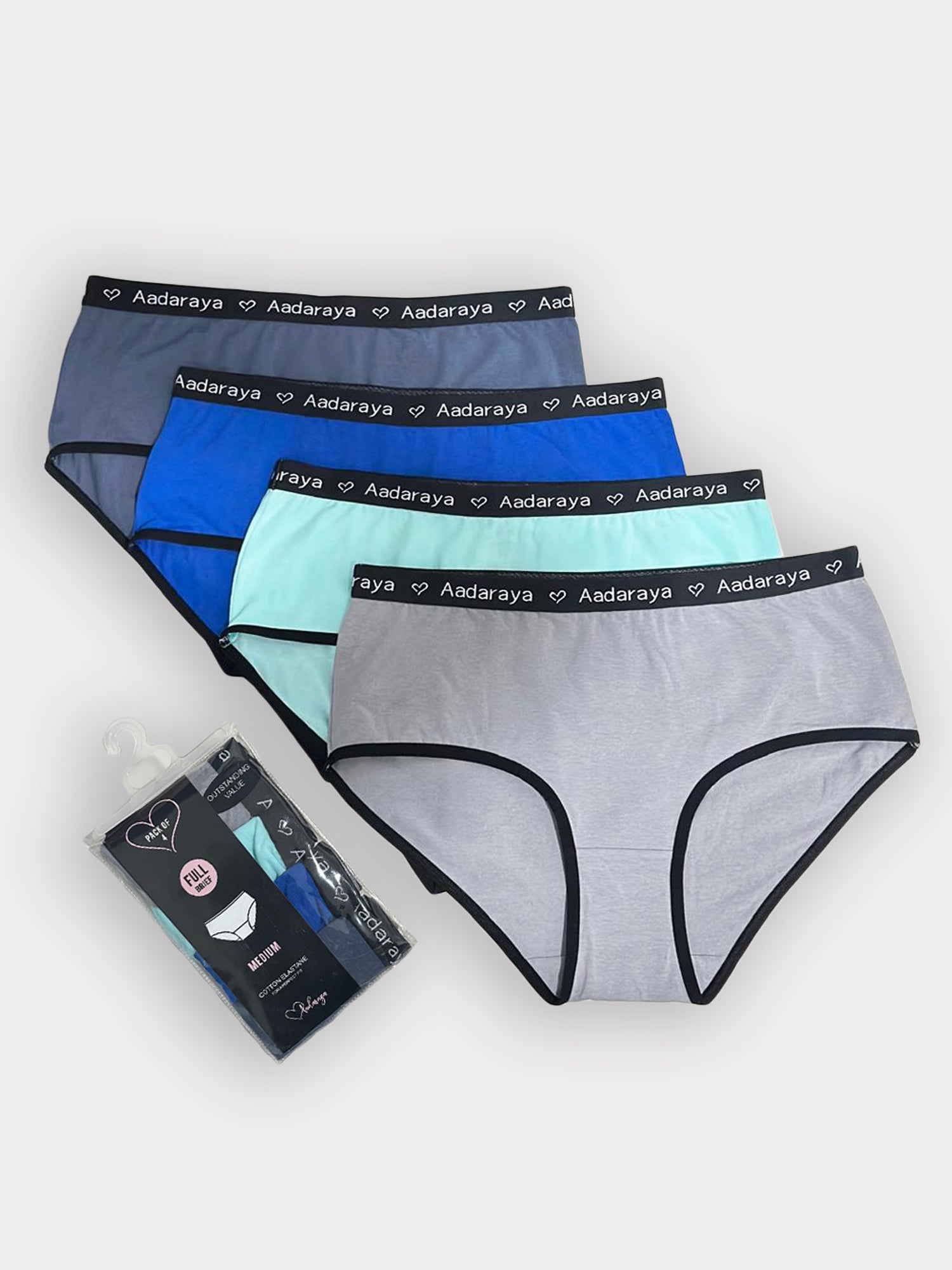 Dina AD Logo Full Brief 4 Pack in Vintage Indigo, Sky Blue, Angel Blue & Grey Oasis – all four briefs with Aadaraya logo waistband