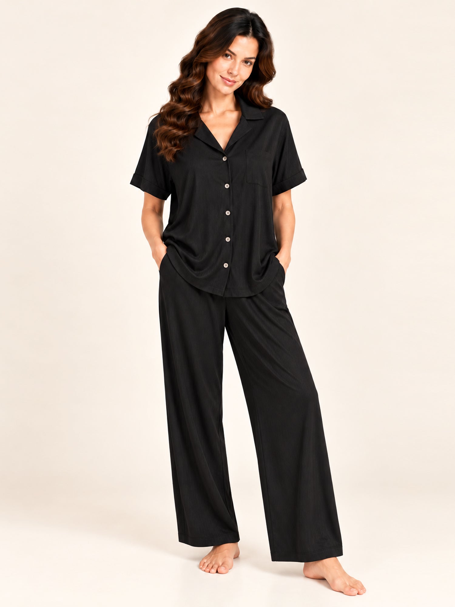 Adalyn modal long pyjama set in Black – front view