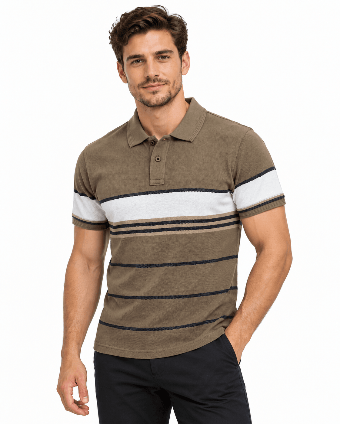 Taupe Striped Polo Catalog Portrait
