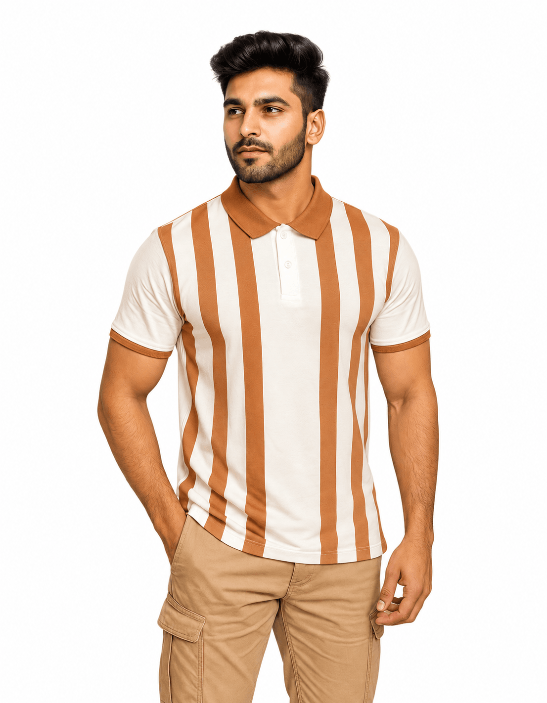 Striped Polo and Khaki Cargo Pants