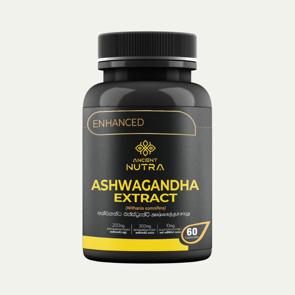Ashwagandha Extract capsules, part of the combo pack with Heenbovitiya. Ancient Nutra Sri Lanka