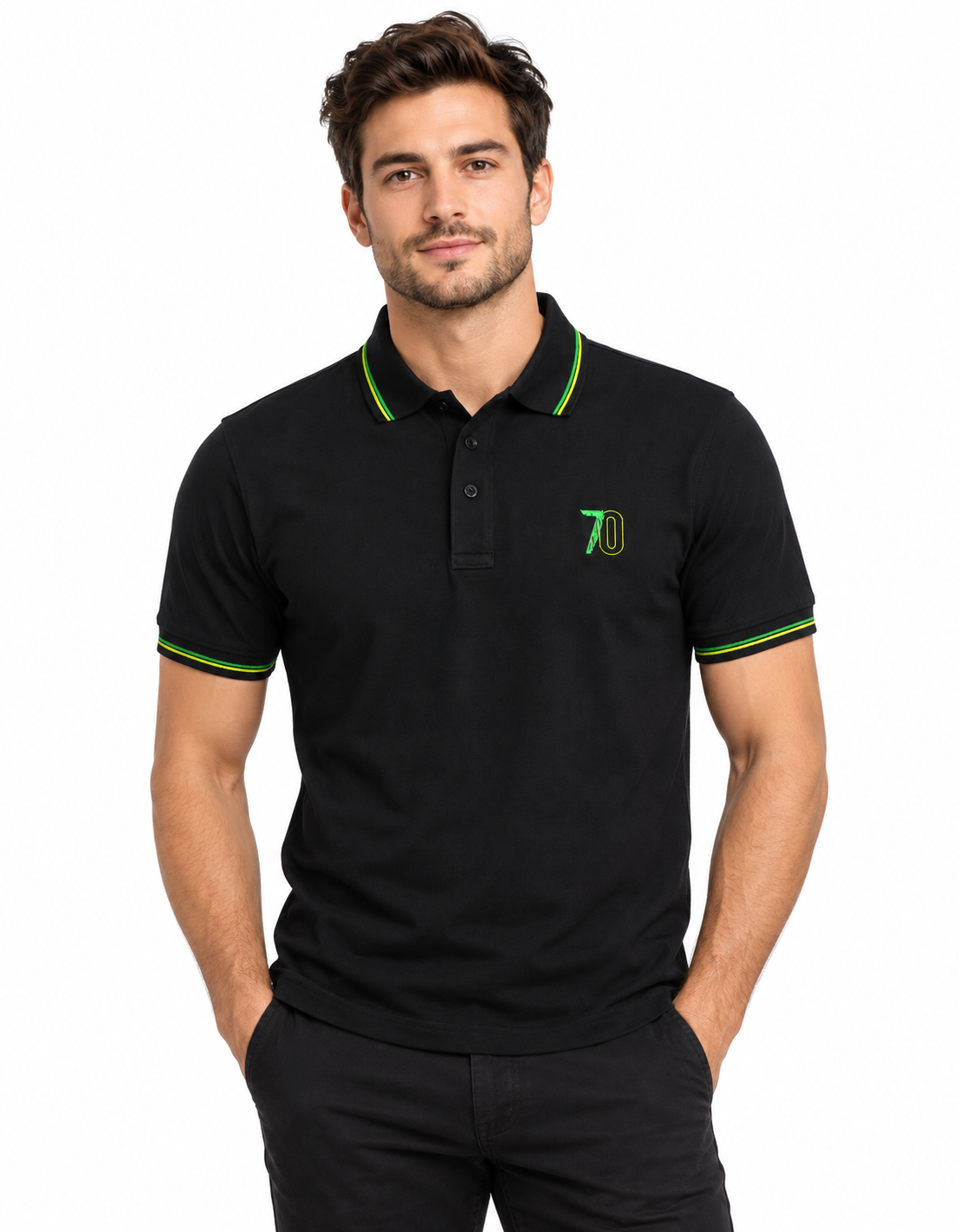 Black Polo Shirt with Neon Green Accents