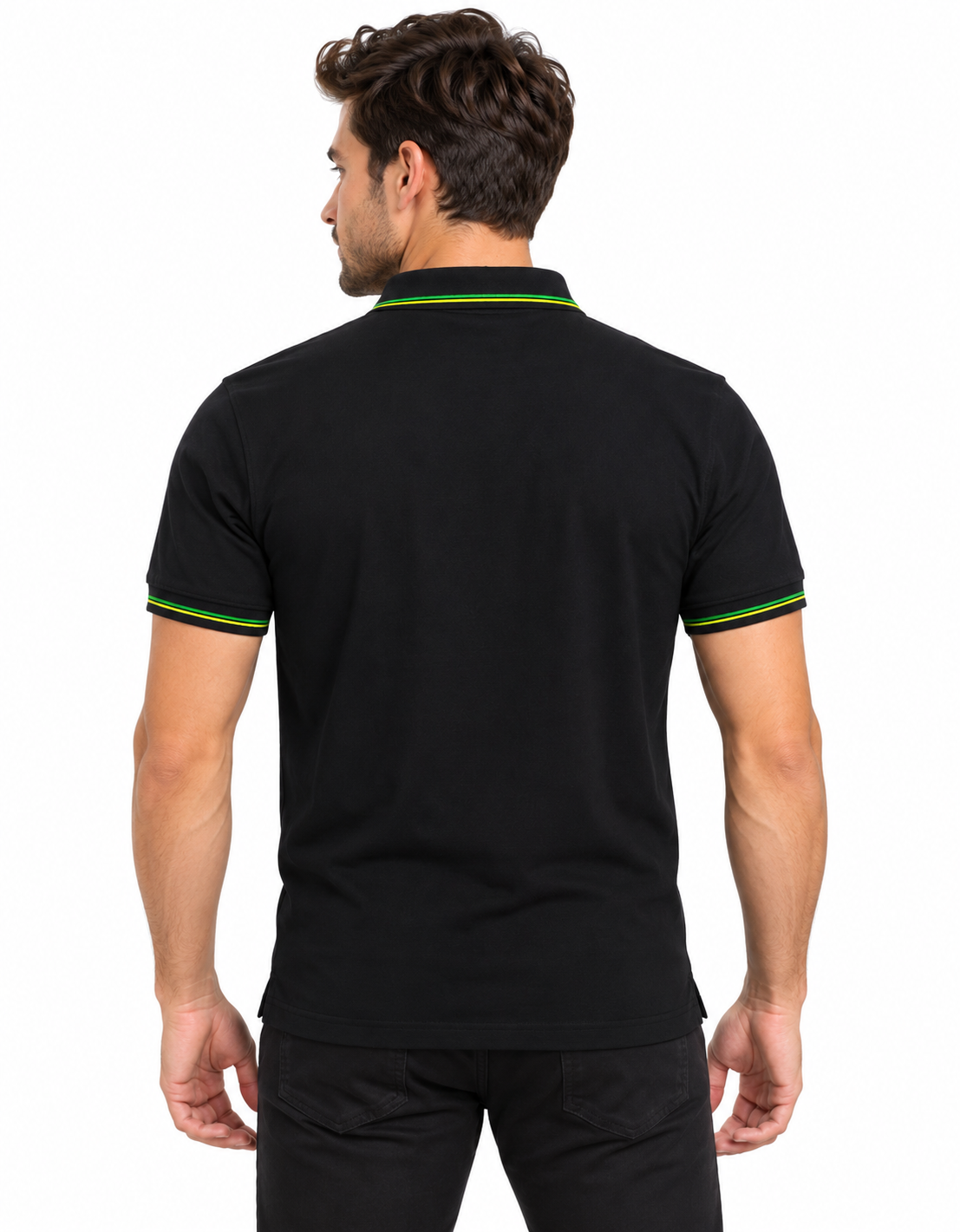 Back View of Black Polo with Green Trim