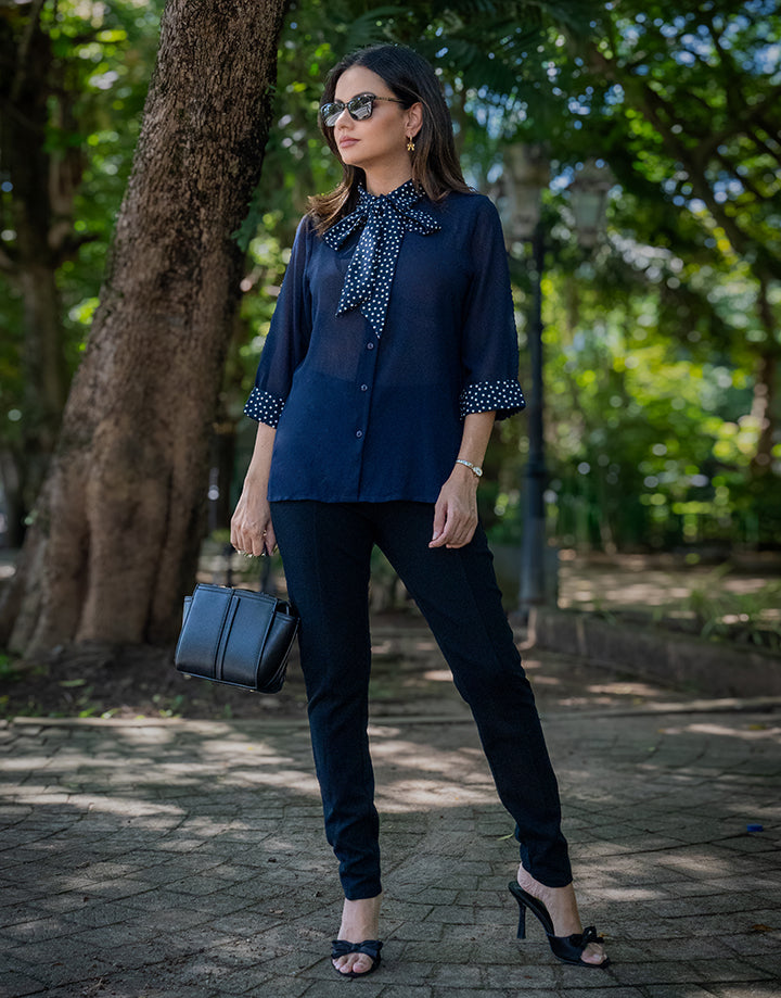 3/4 Sleeve Neck Tie Blouse