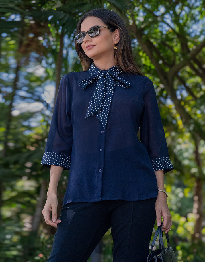 3/4 Sleeve Neck Tie Blouse