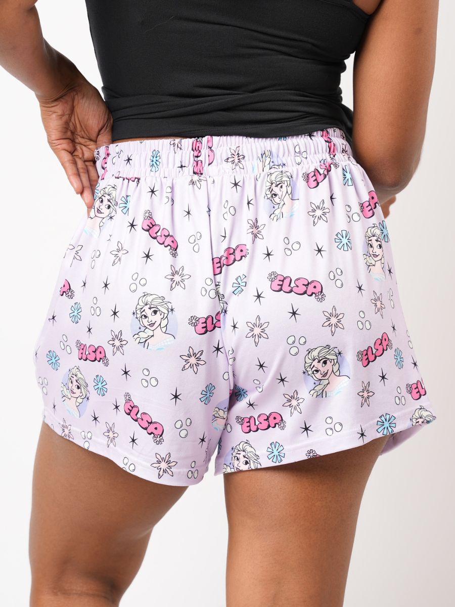 Shorts with Elsa character print on a white background