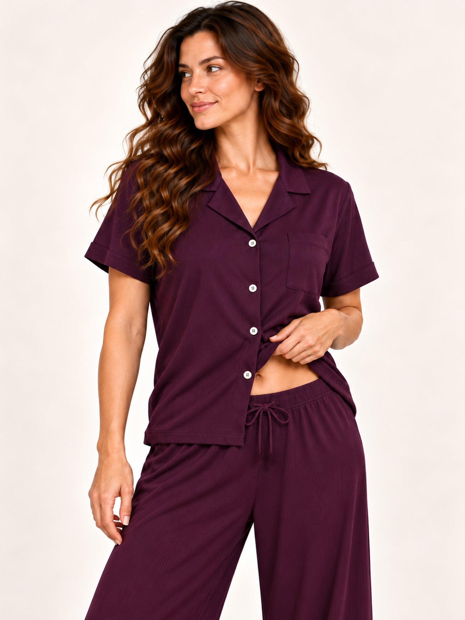 Adalyn modal long pyjama set in Plum – close-up