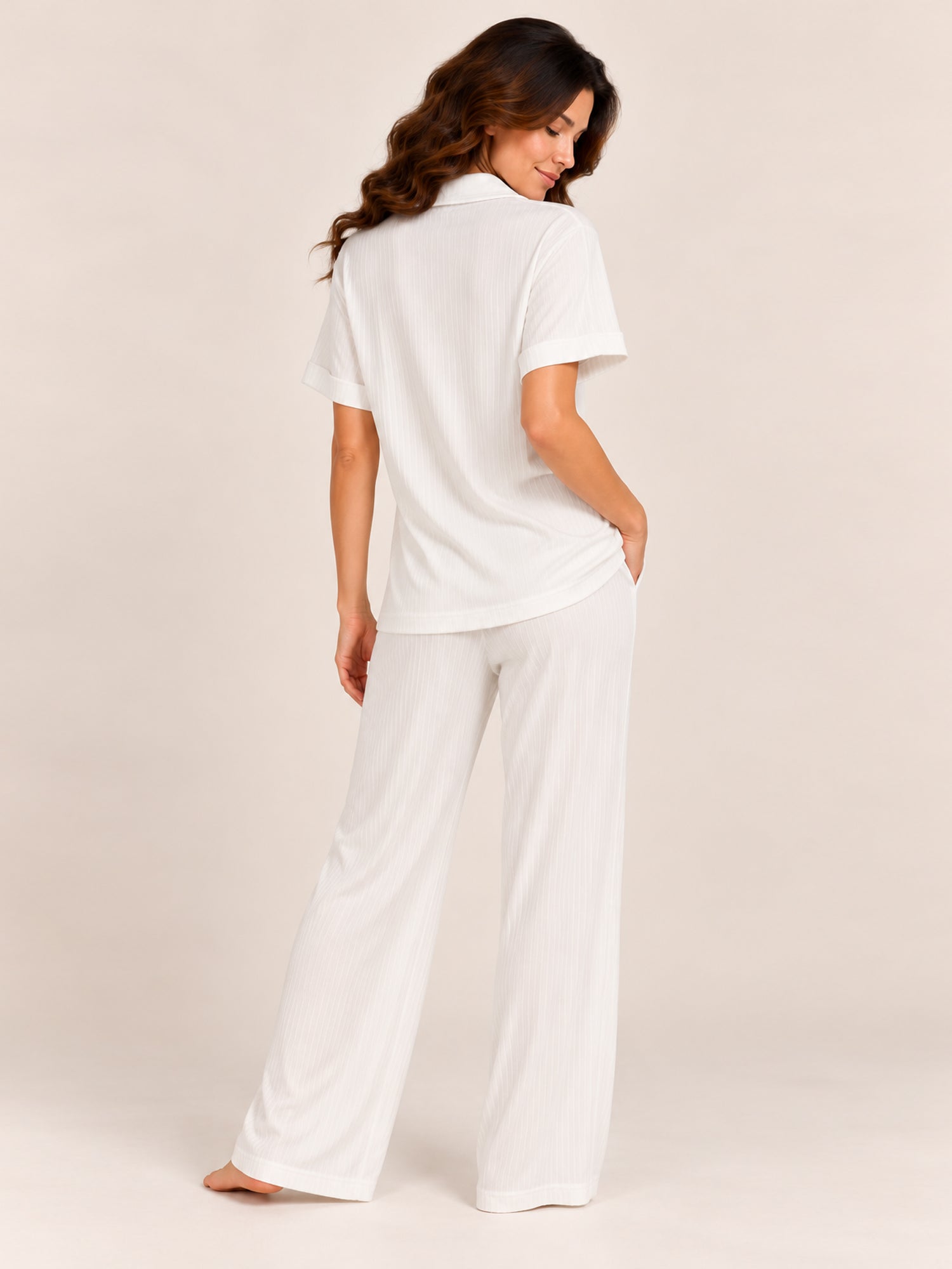 Adalyn modal long pyjama set in Ivory – back view