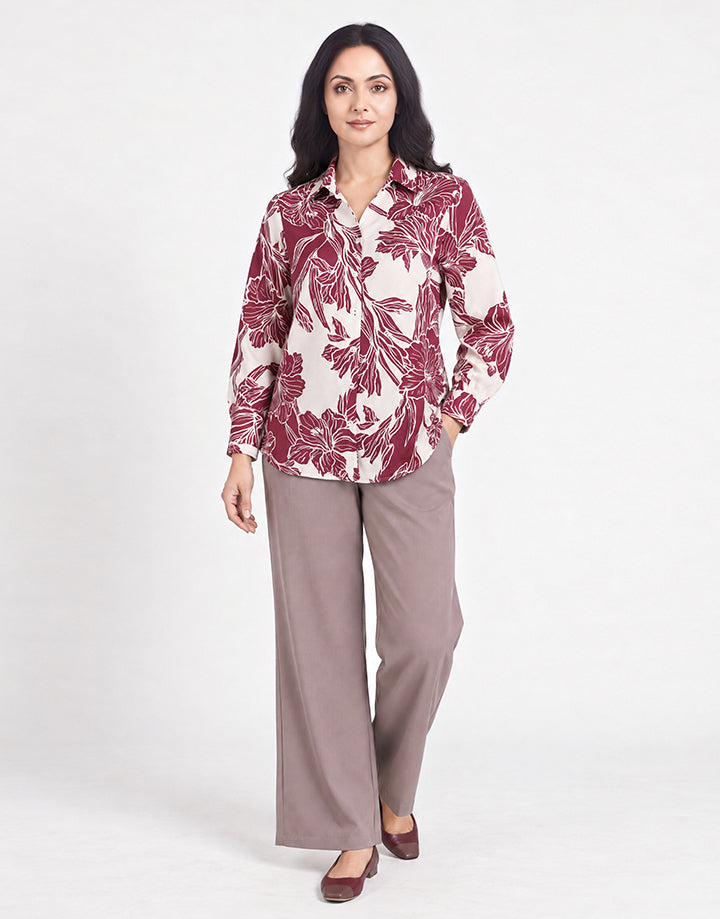 Printed Stand Collar Puff Sleeve Blouse