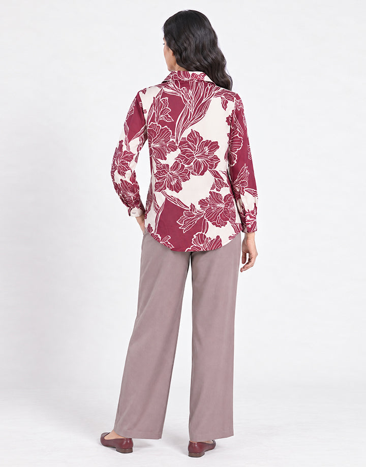 Printed Stand Collar Puff Sleeve Blouse