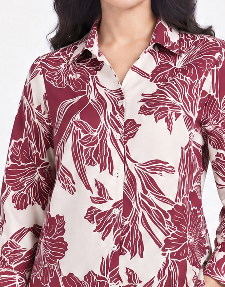 Printed Stand Collar Puff Sleeve Blouse