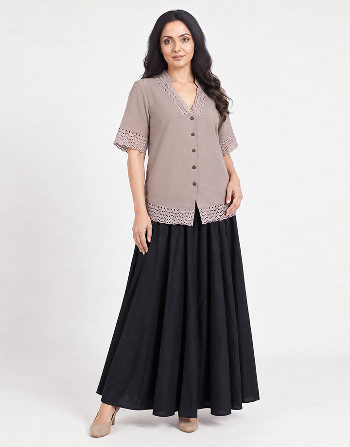 V-Neck Button Up Contrast Blouse