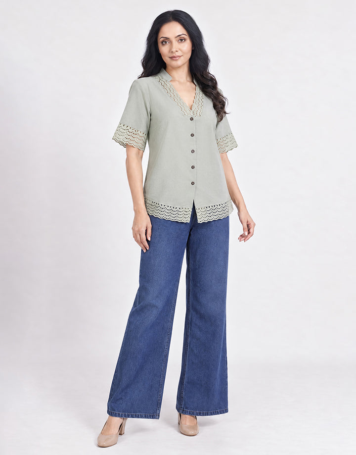 V-Neck Button Up Contrast Blouse