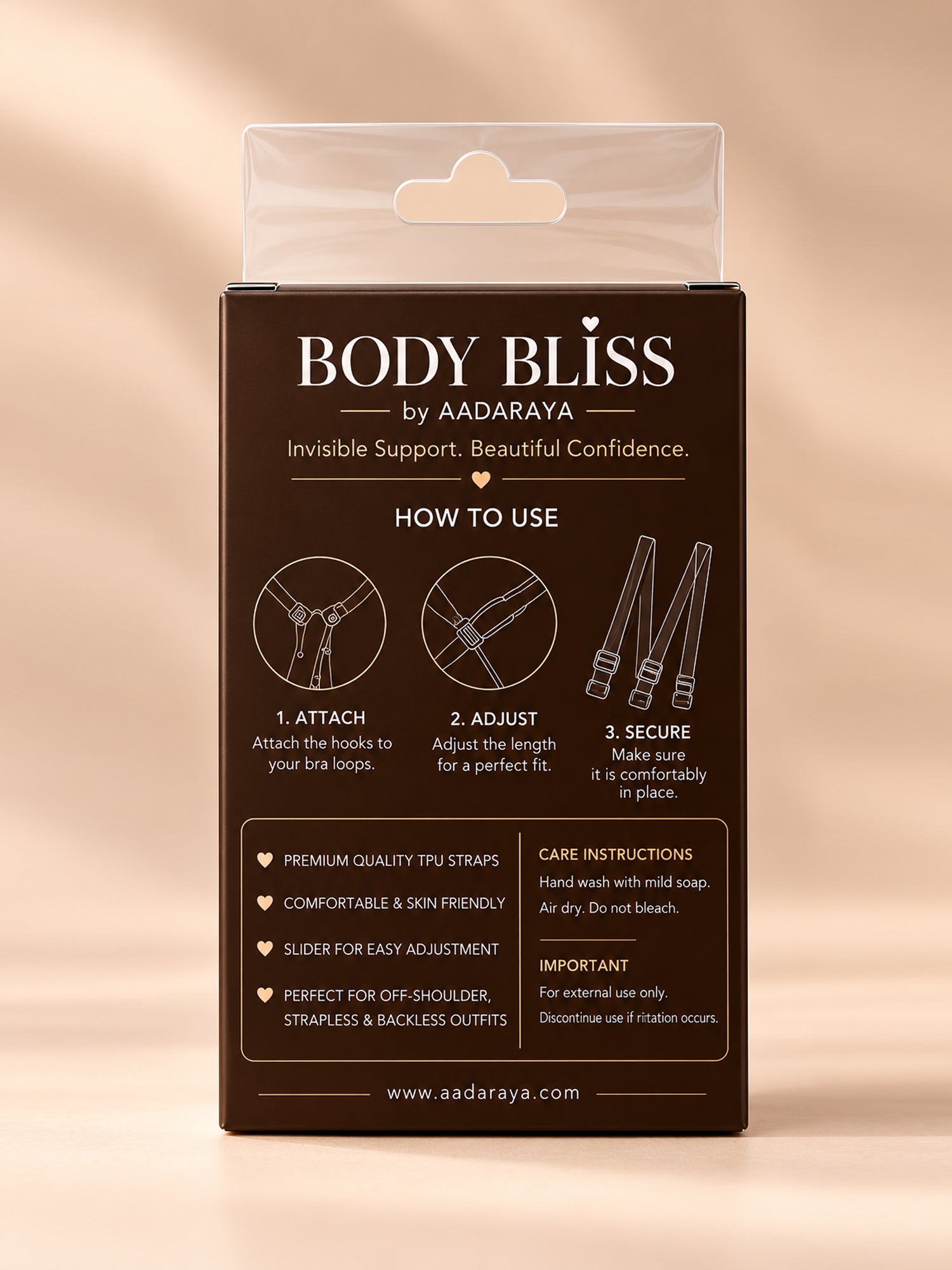Bella clear silicone bra straps 12mm in Clear – packaging back with how-to-use steps