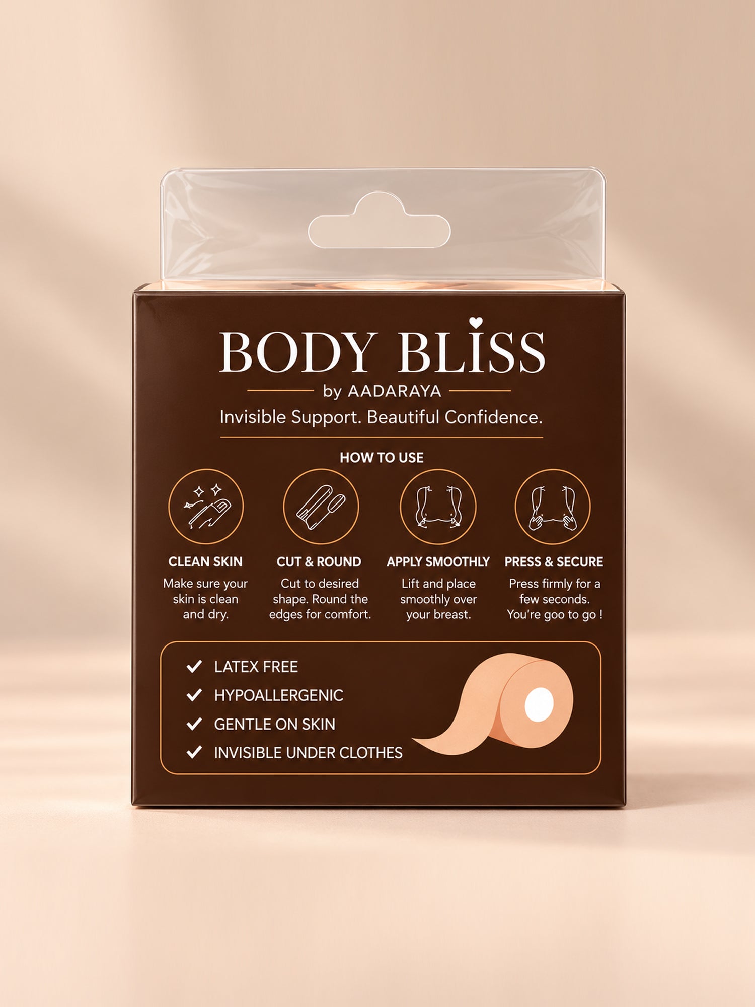 Mia boob tape in Nude – packaging back with how-to-use steps