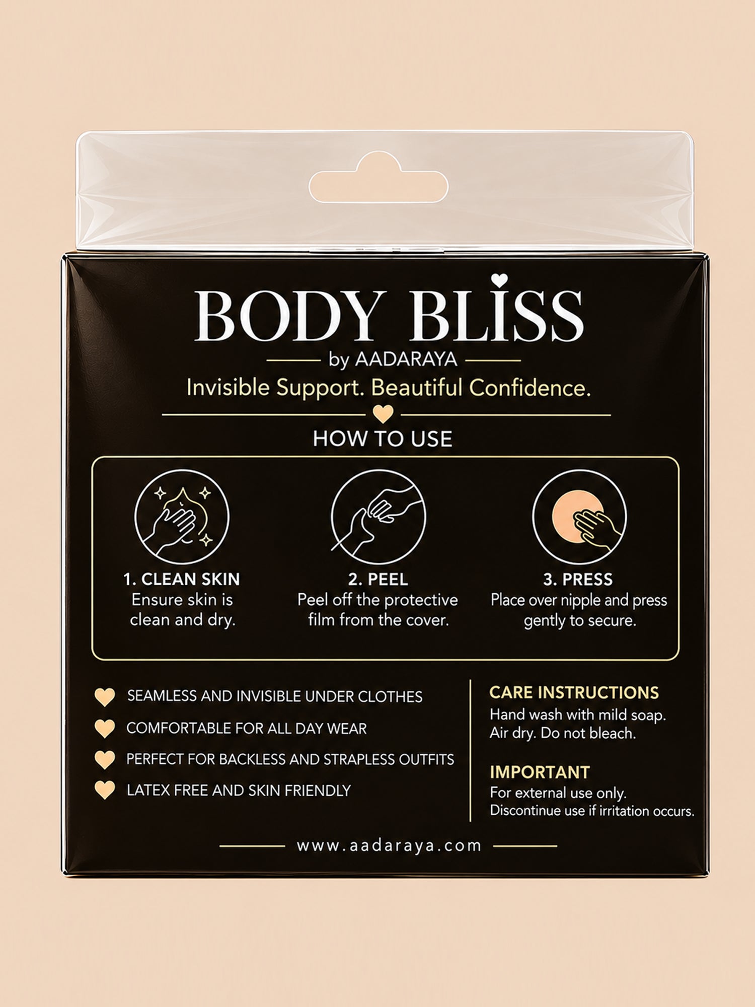 Rosy silicone lifting nipple cover in Nude – packaging back with how-to-use steps